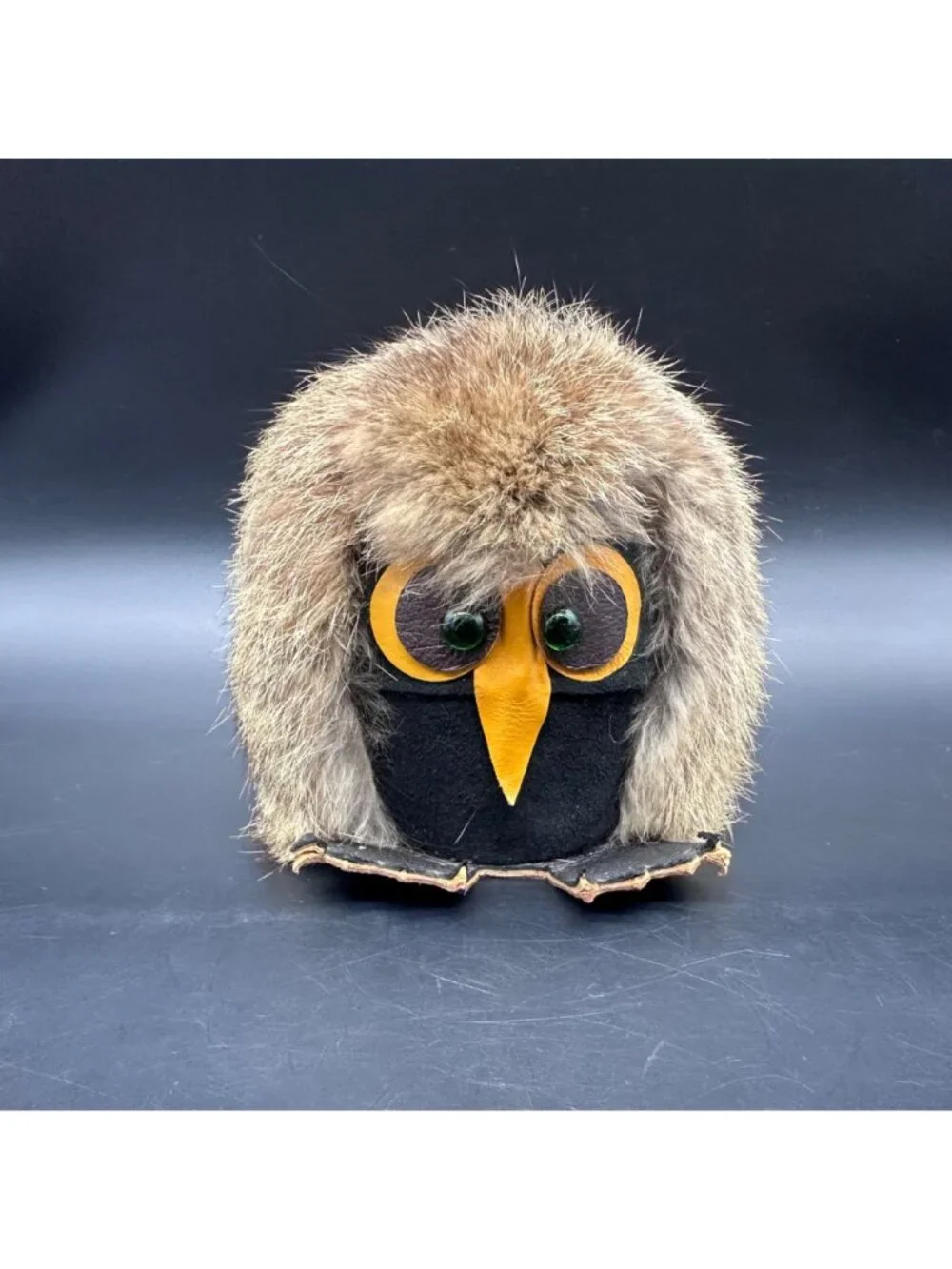Vintage Owl Figurine Fur Leather Mid Century Kitsch Woodland Creature Retro